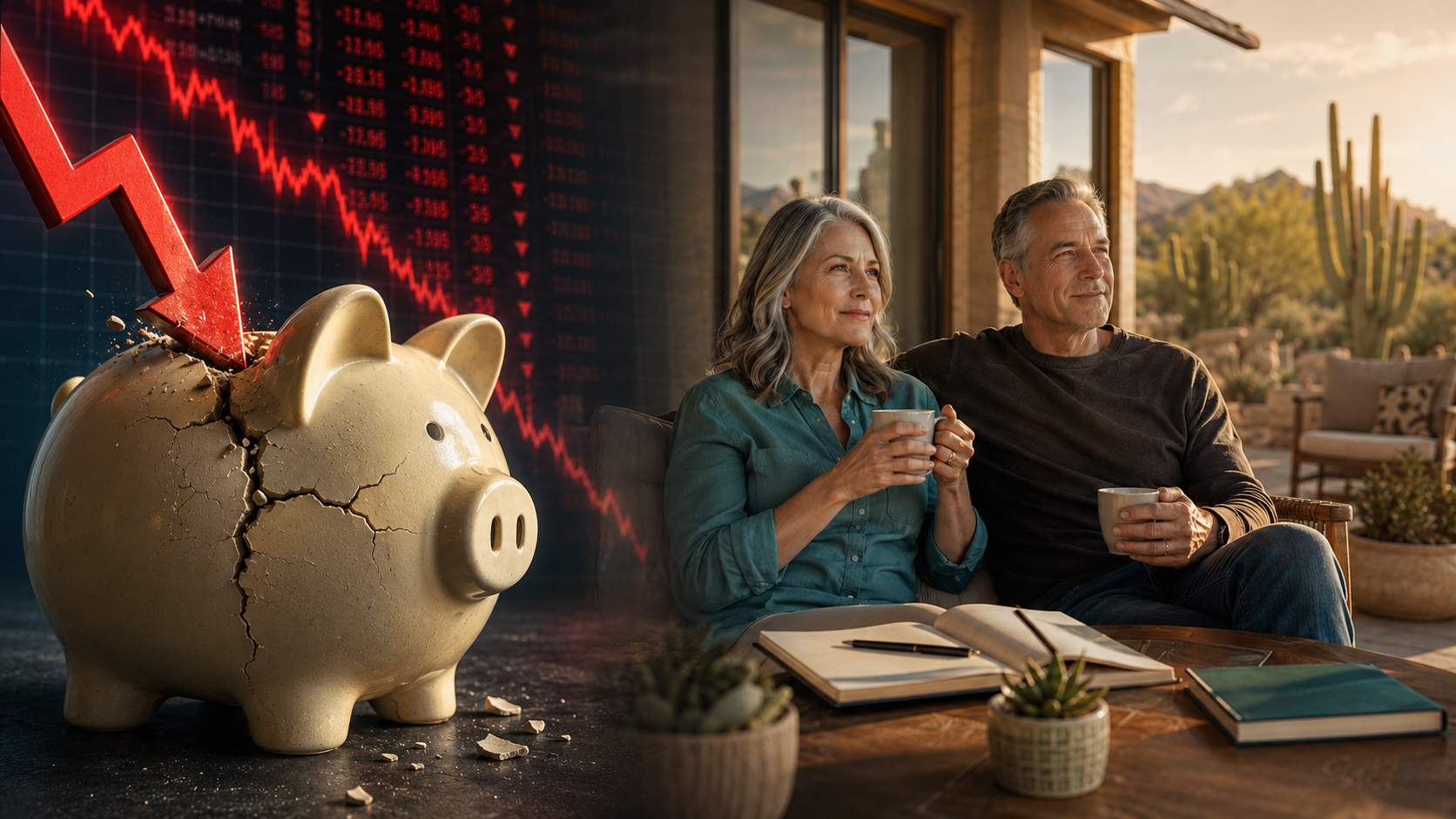 A cracked piggy bank and falling market ticker transition to a calm Arizona couple preparing together